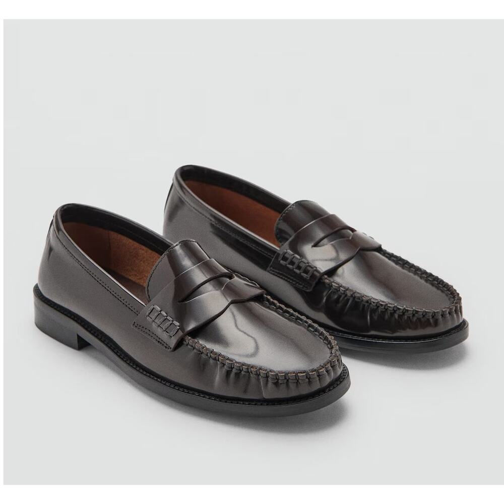 MNG Mango Luisa 100% Chocolate Leather Preppy Penny Loafers Minimalist 38 US 7.5
